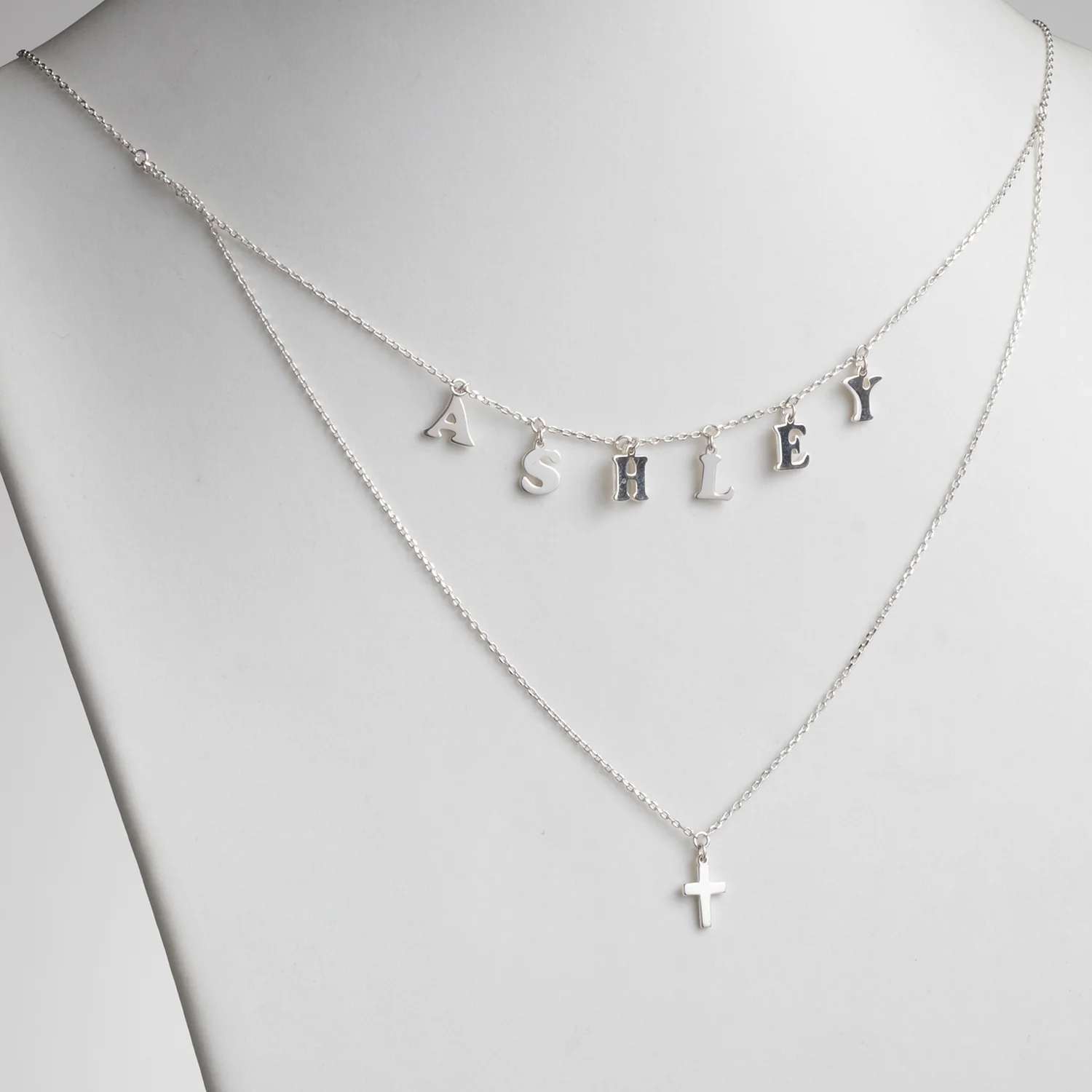 Sterling Silver Layered Name and Cross Double Necklace - Image 2