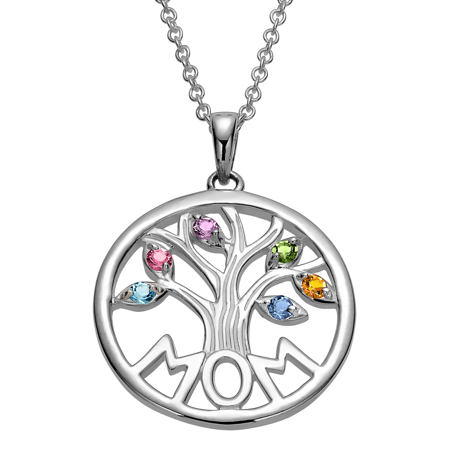 Sterling Silver MOM Family Birthstone Tree Pendant