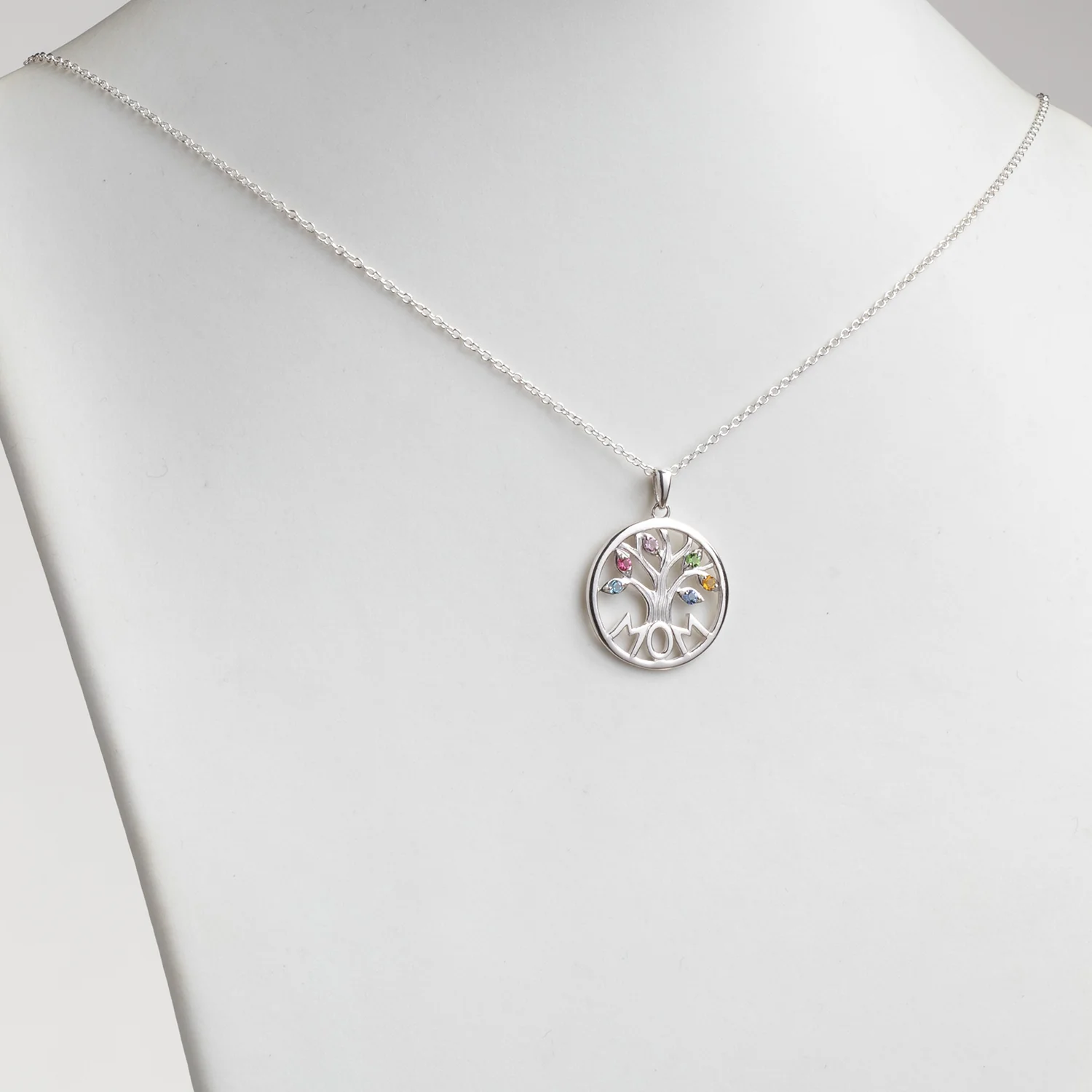 Sterling Silver MOM Family Birthstone Tree Pendant - Image 2