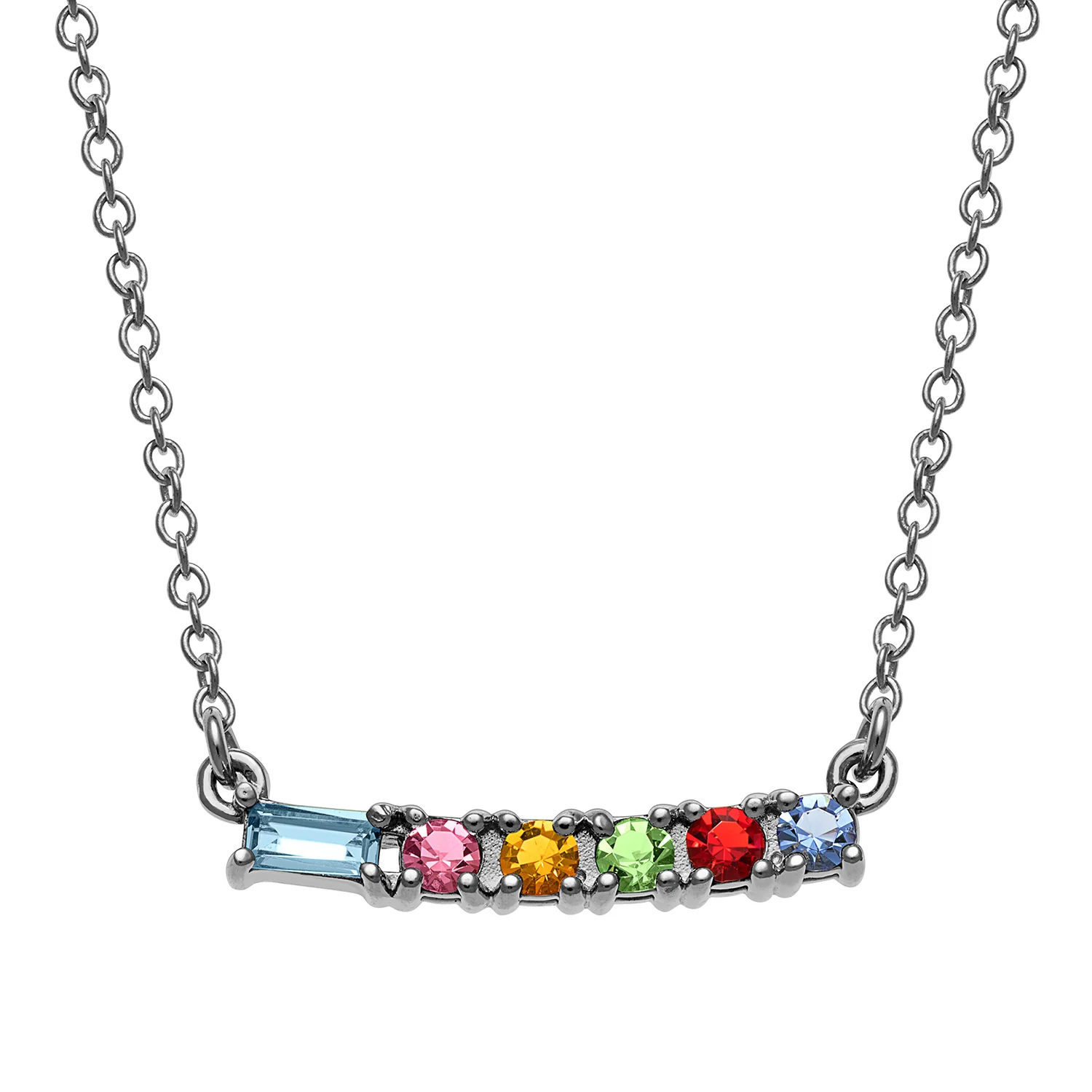 Sterling Silver Mother's Baguette and Childrens Round Birthstone Necklace