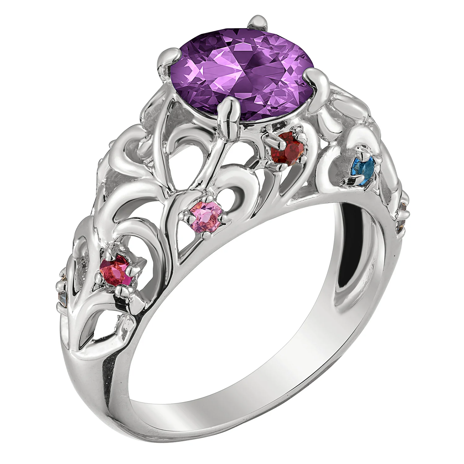 Sterling Silver Mother's Round Family Birthstone Filigree Ring - Image 2