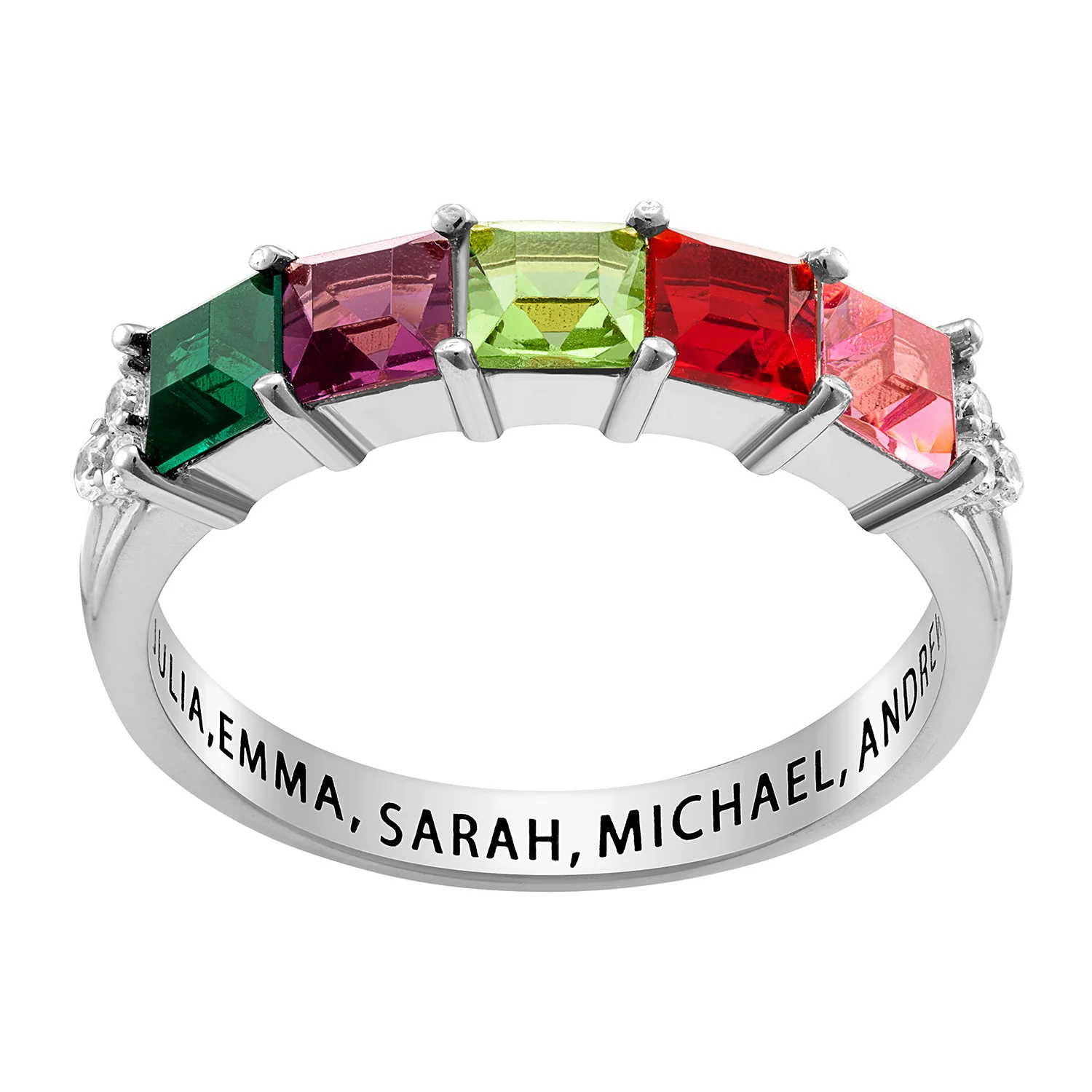 Sterling Silver Mother's Square Birthstone Ring with CZ Accents - Image 2
