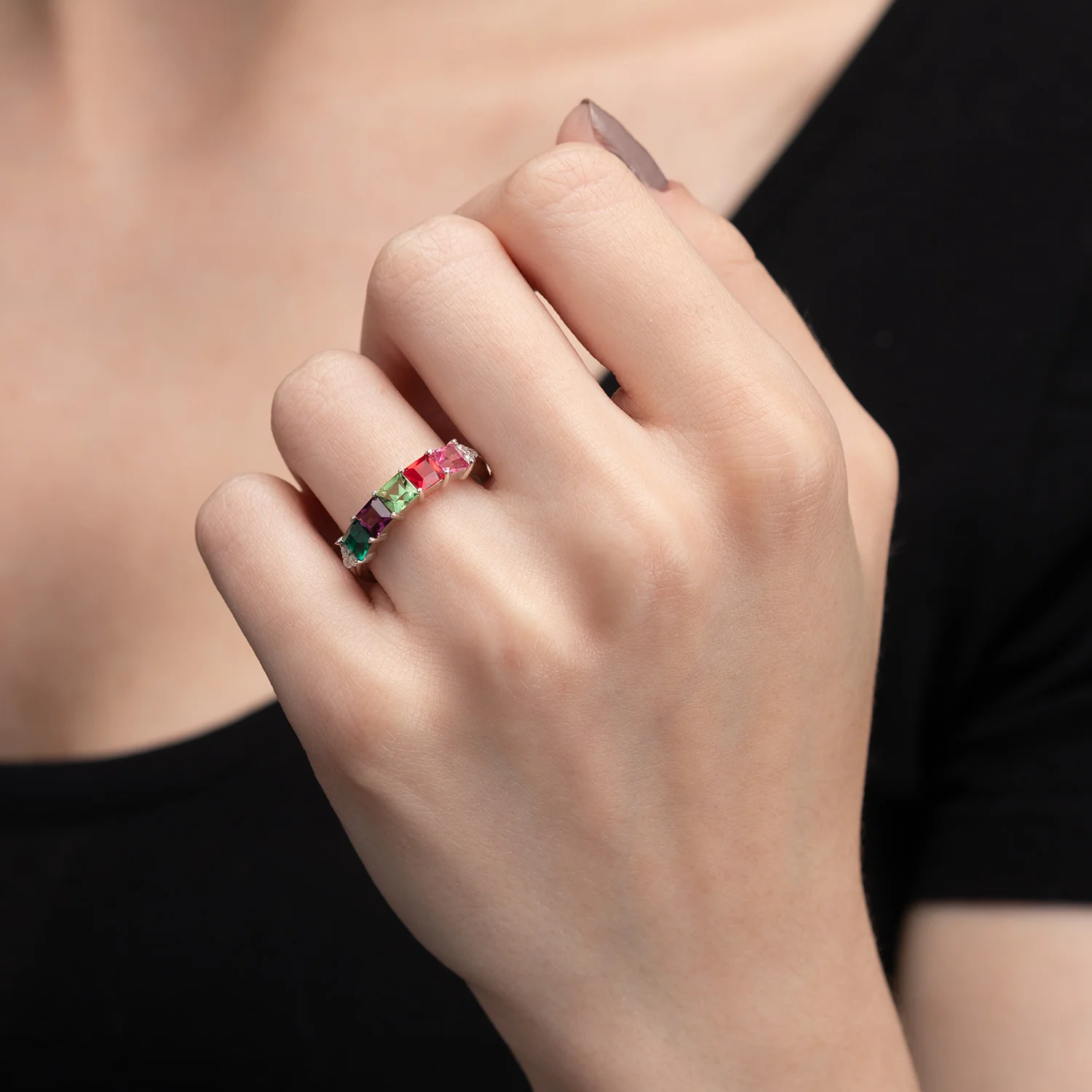 Sterling Silver Mother's Square Birthstone Ring with CZ Accents - Image 7