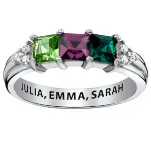 Sterling Silver Mother's Square Birthstone Ring with Diamond Accents