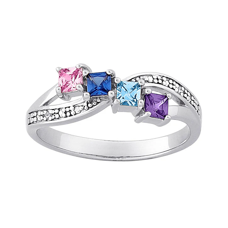 Sterling Silver Mother's Square Family Birthstone & Genuine Diamond Ring