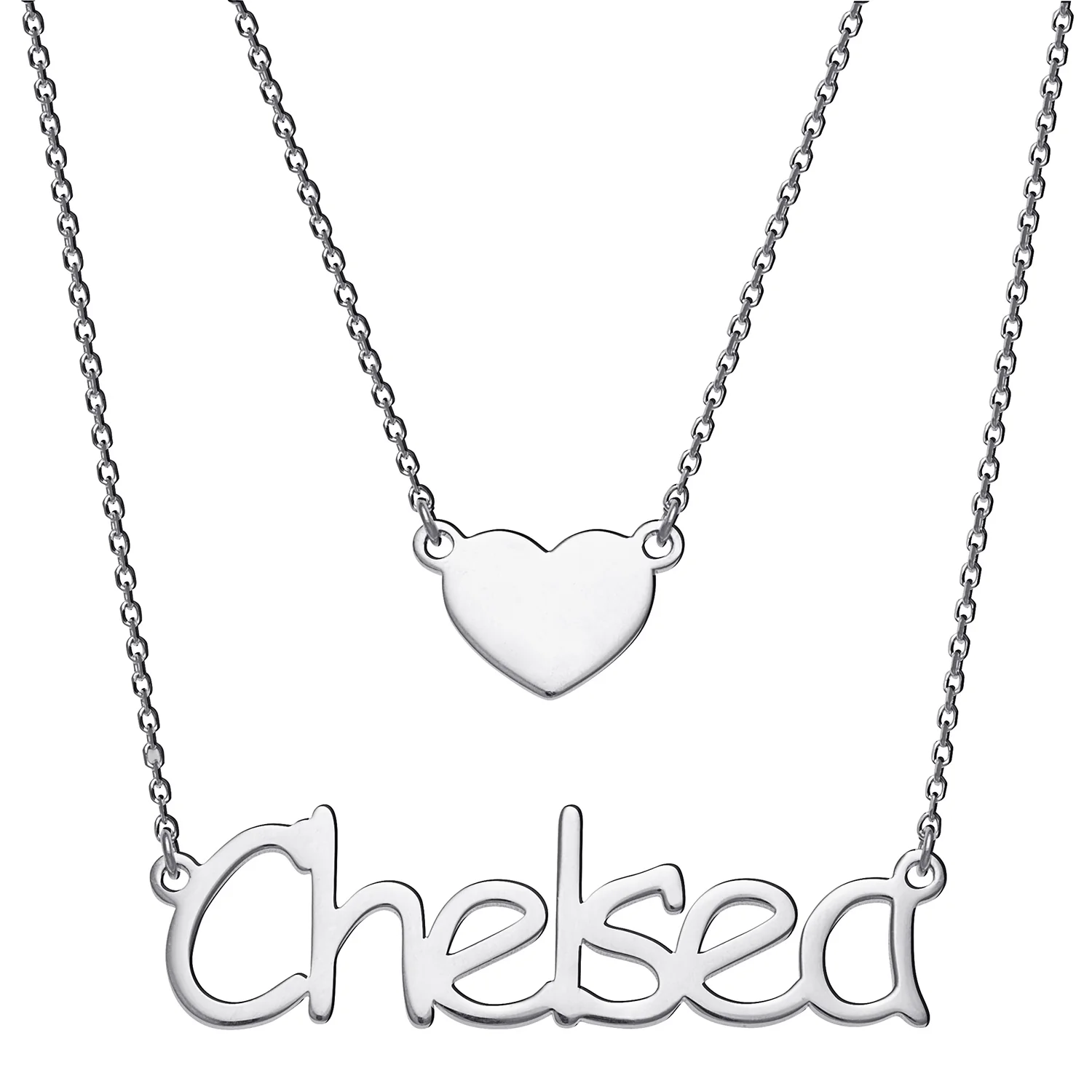 Sterling Silver Name and Heart Layered Double Necklace