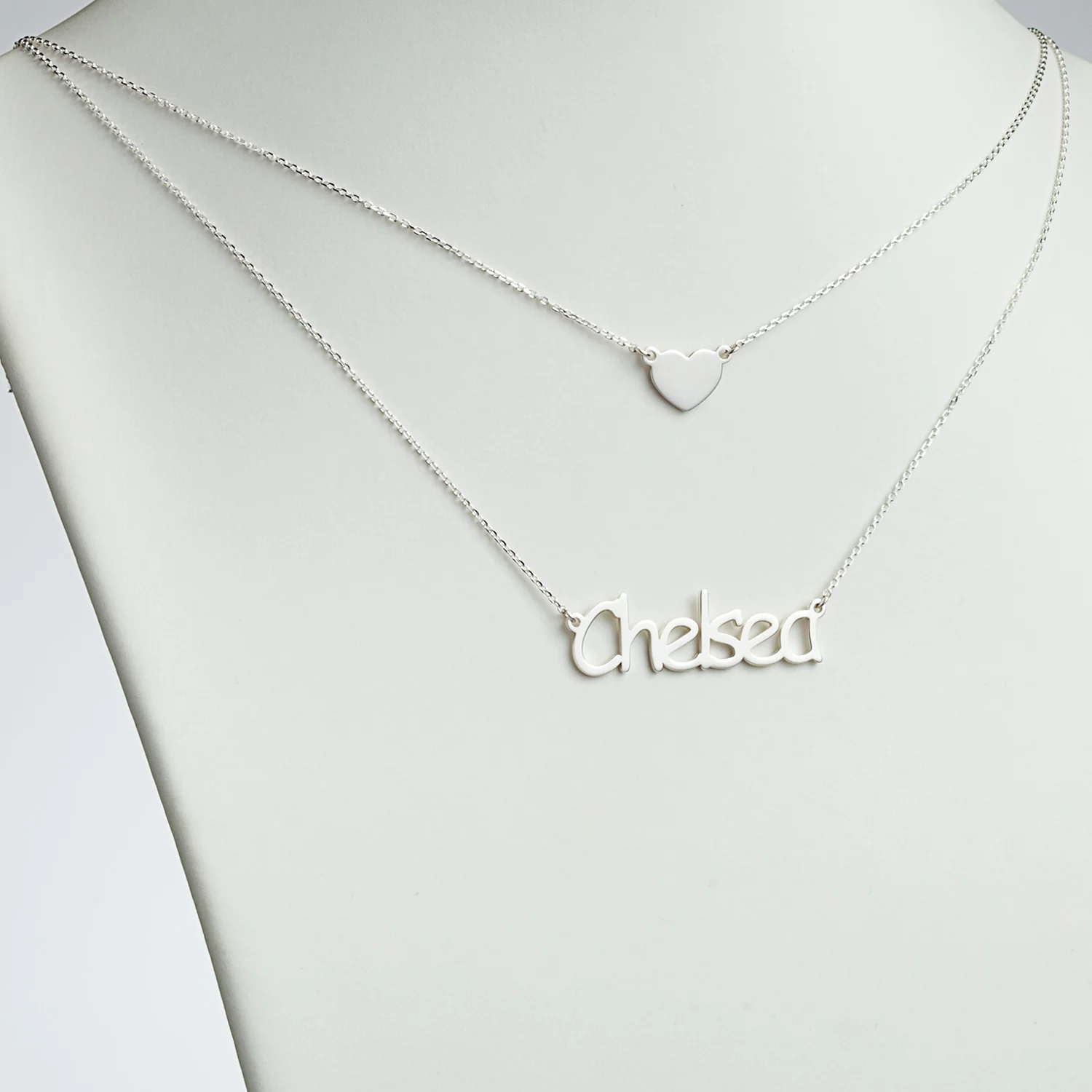 Sterling Silver Name and Heart Layered Double Necklace - Image 2