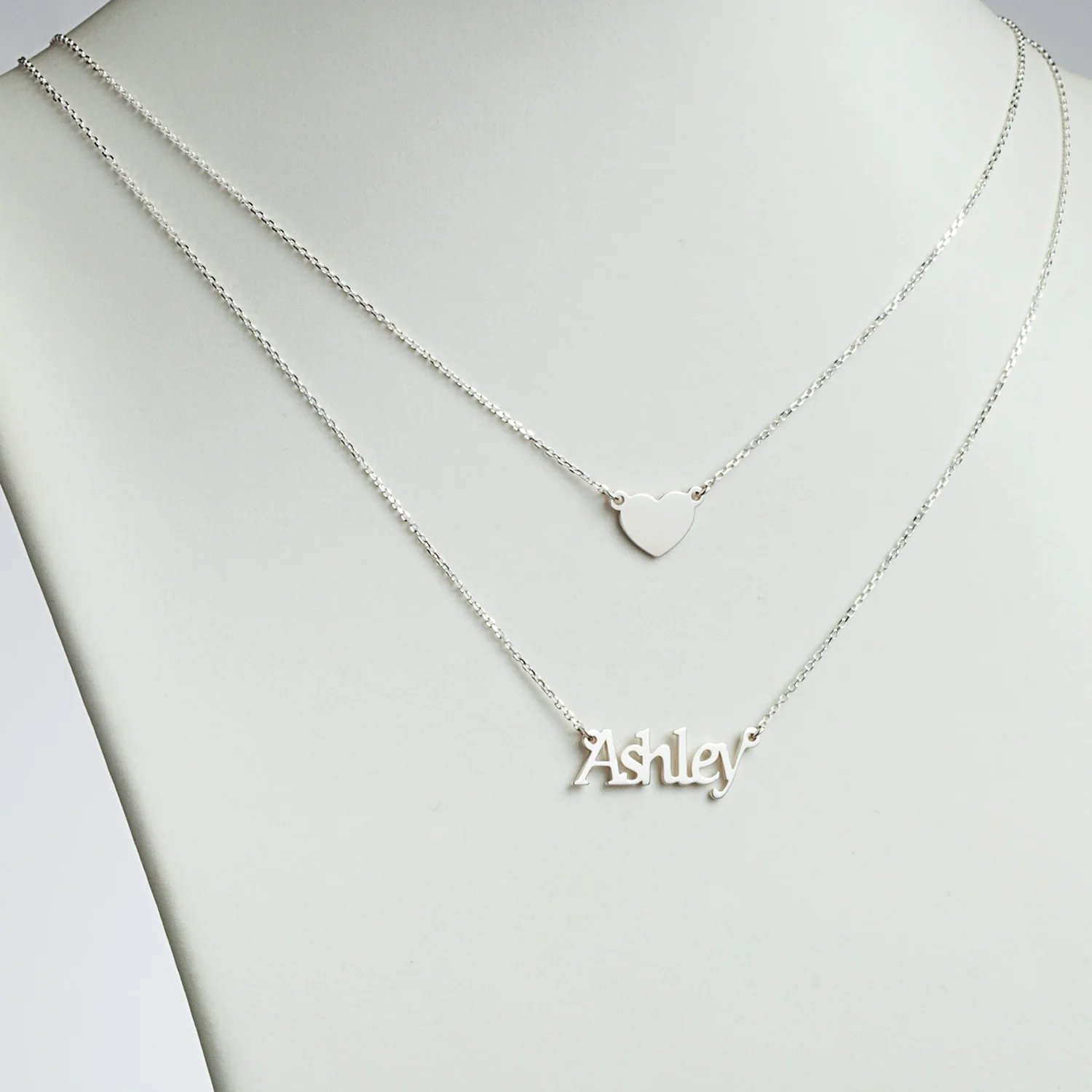 Sterling Silver Name and Heart Layered Double Necklace - Image 2