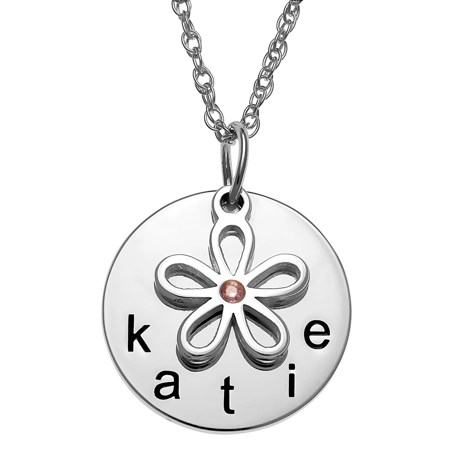 Sterling Silver Name Disc with Birthstone Flower Charm Necklace
