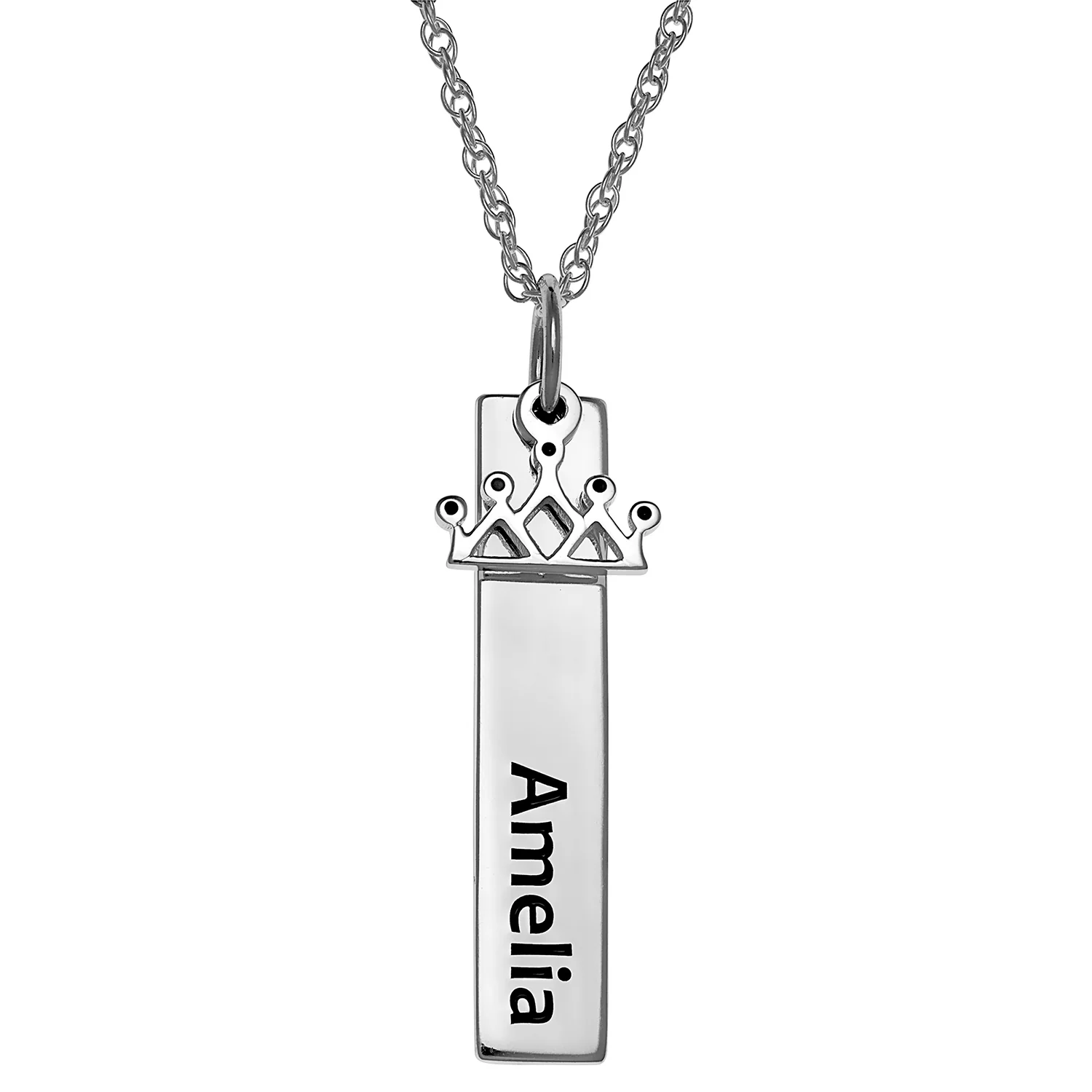 Sterling Silver Name Tag with Crown Charm Necklace