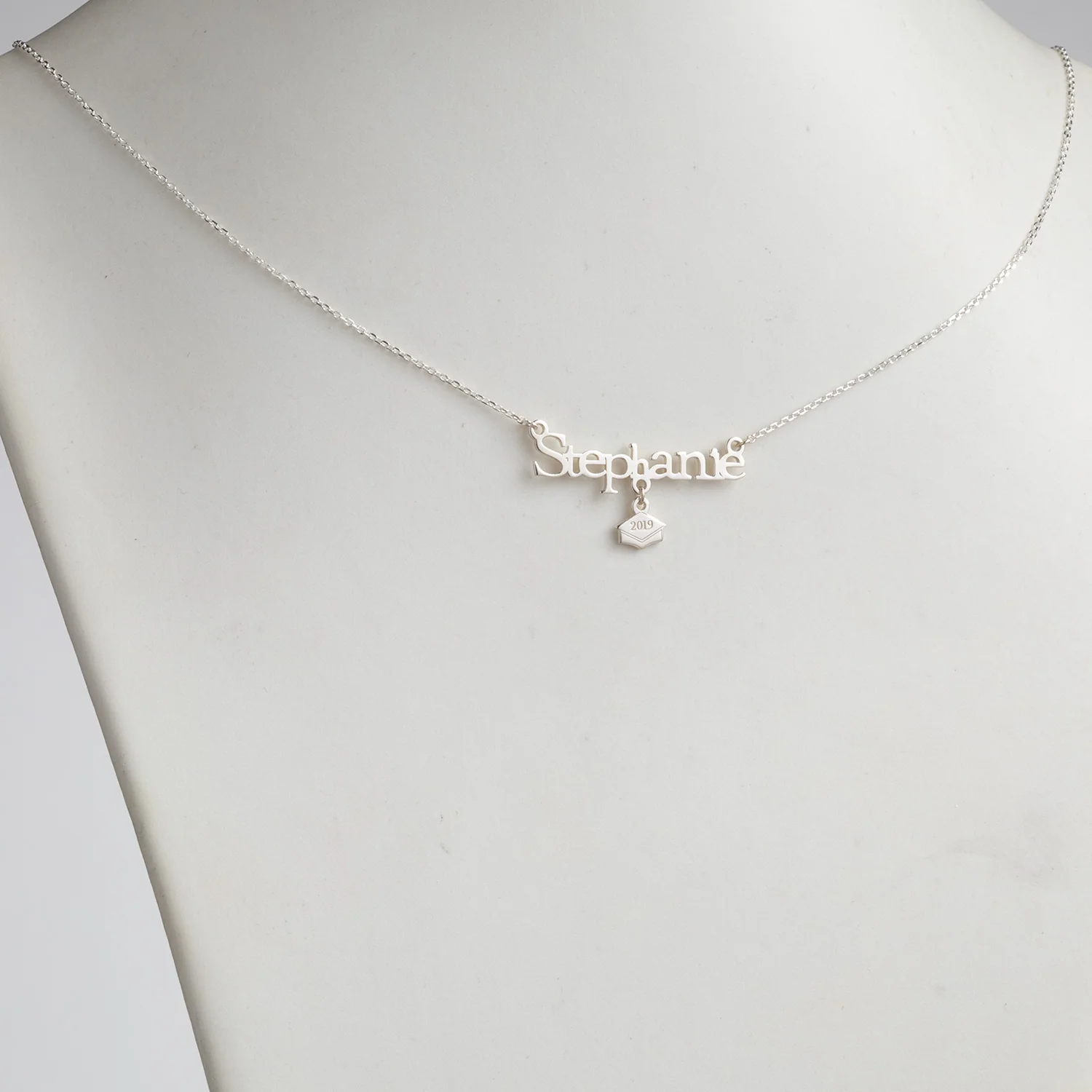 Sterling Silver Name with Graduation Cap Charm Necklace - Image 2