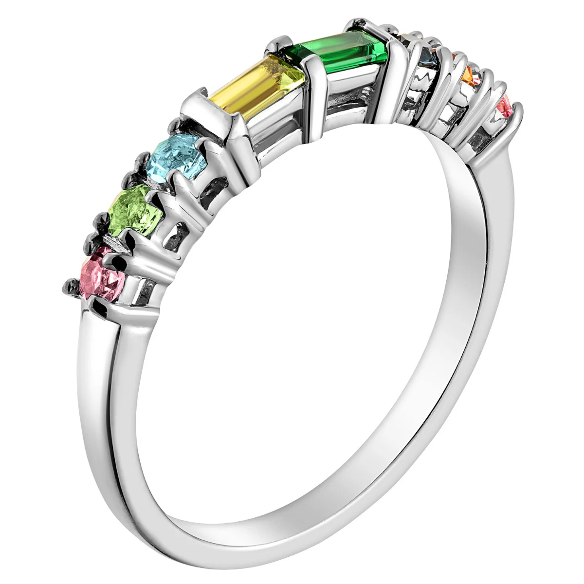 Sterling Silver Parents Baguette and Childrens Round Birthstone Ring - Image 2