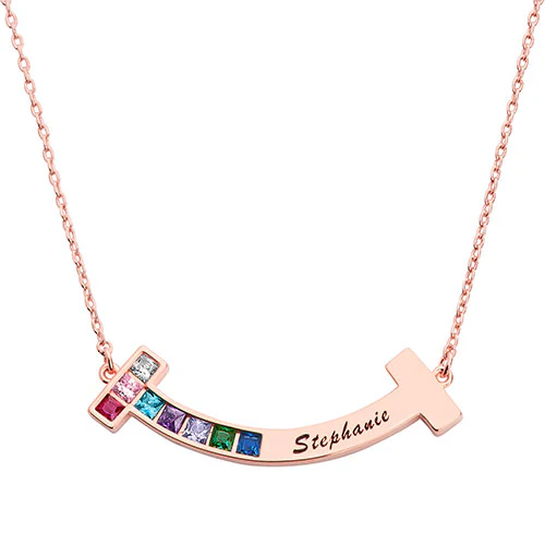 Sterling Silver Personalized Birthstone and Engraved Curved Bar Necklace - Image 4