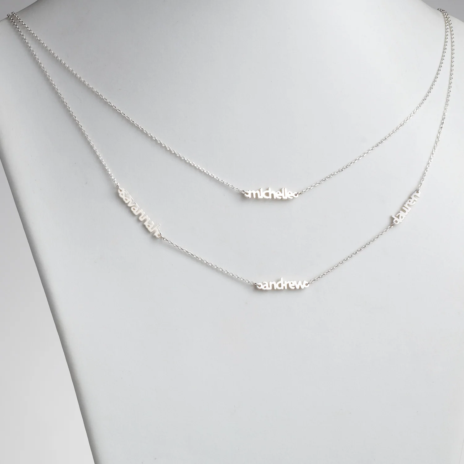 Sterling Silver Petite Block Family Name Layered Necklace- 4 Names - Image 2