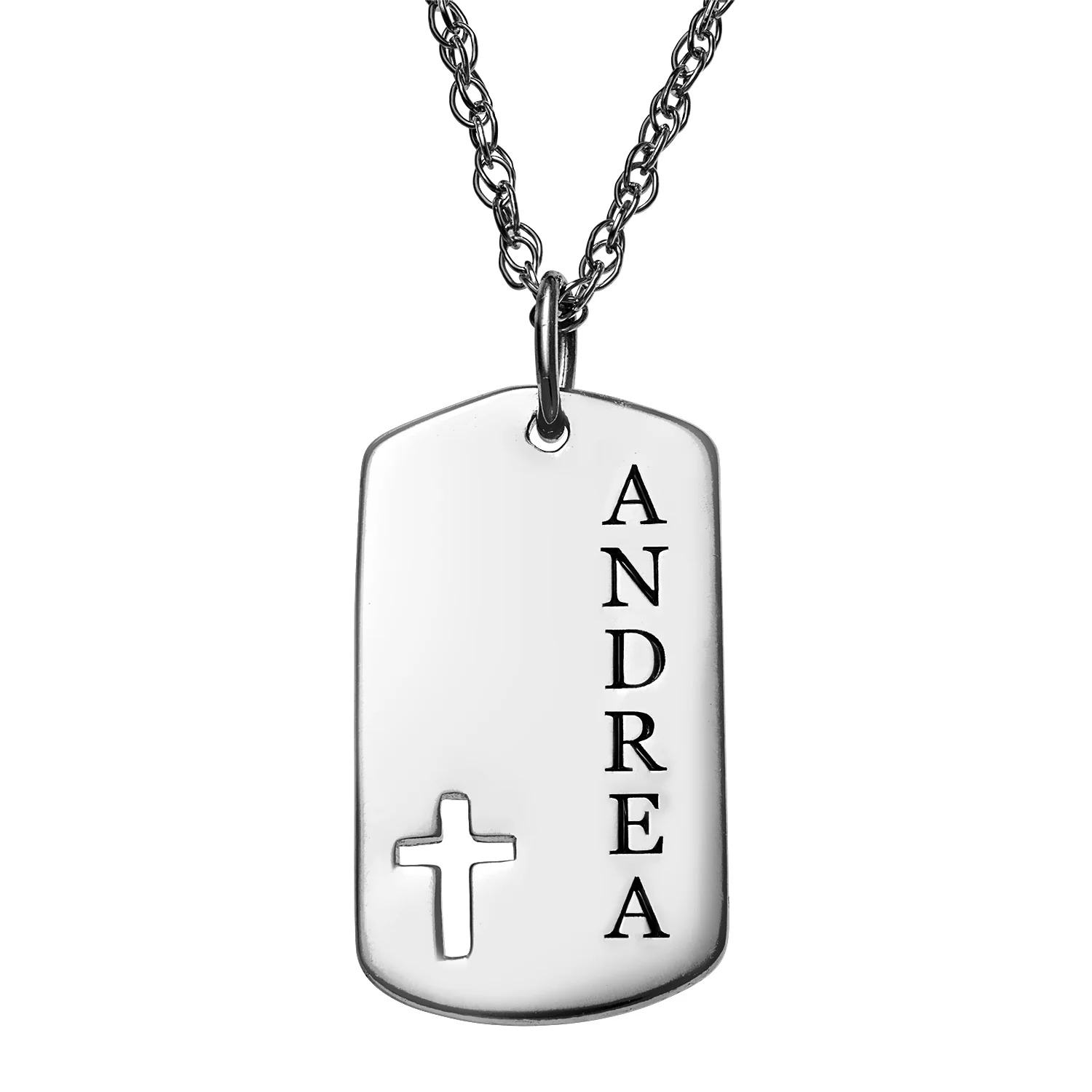 Sterling Silver Petite Engraved Dog Tag with Cut out Cross Pendant