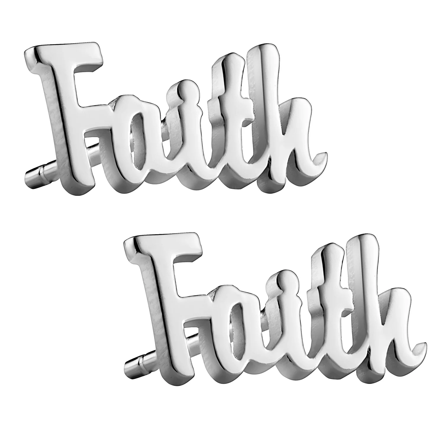 Sterling Silver Script Faith Button Earrings - Image 2