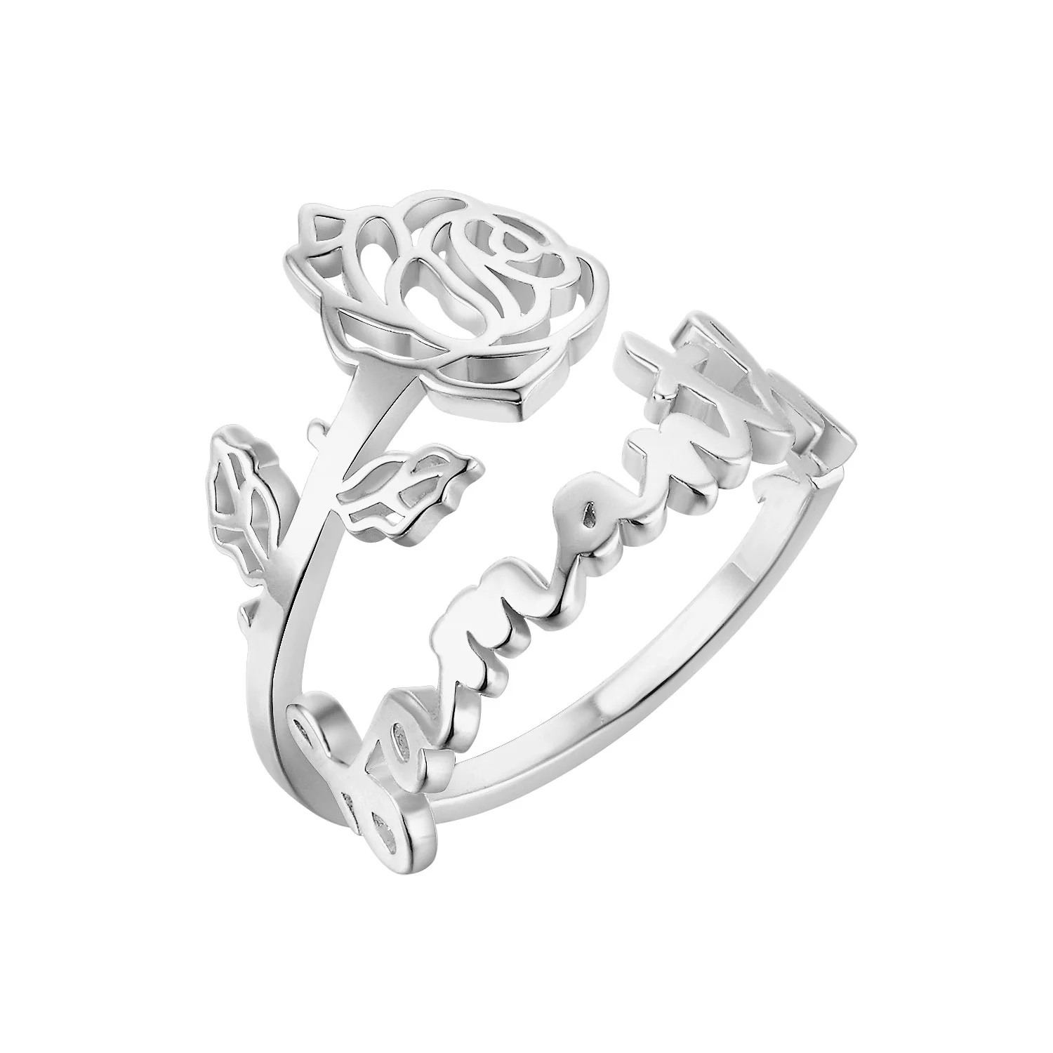 Sterling Silver Script Name and Birthmonth Flower Bypass Ring - Image 2