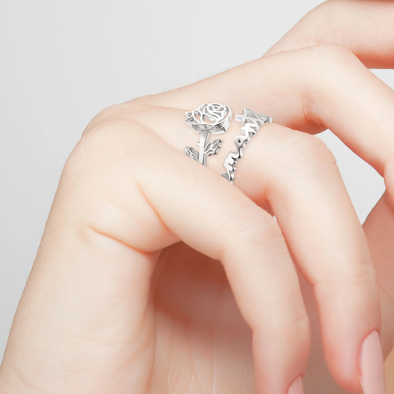 Sterling Silver Script Name and Birthmonth Flower Bypass Ring - Image 3