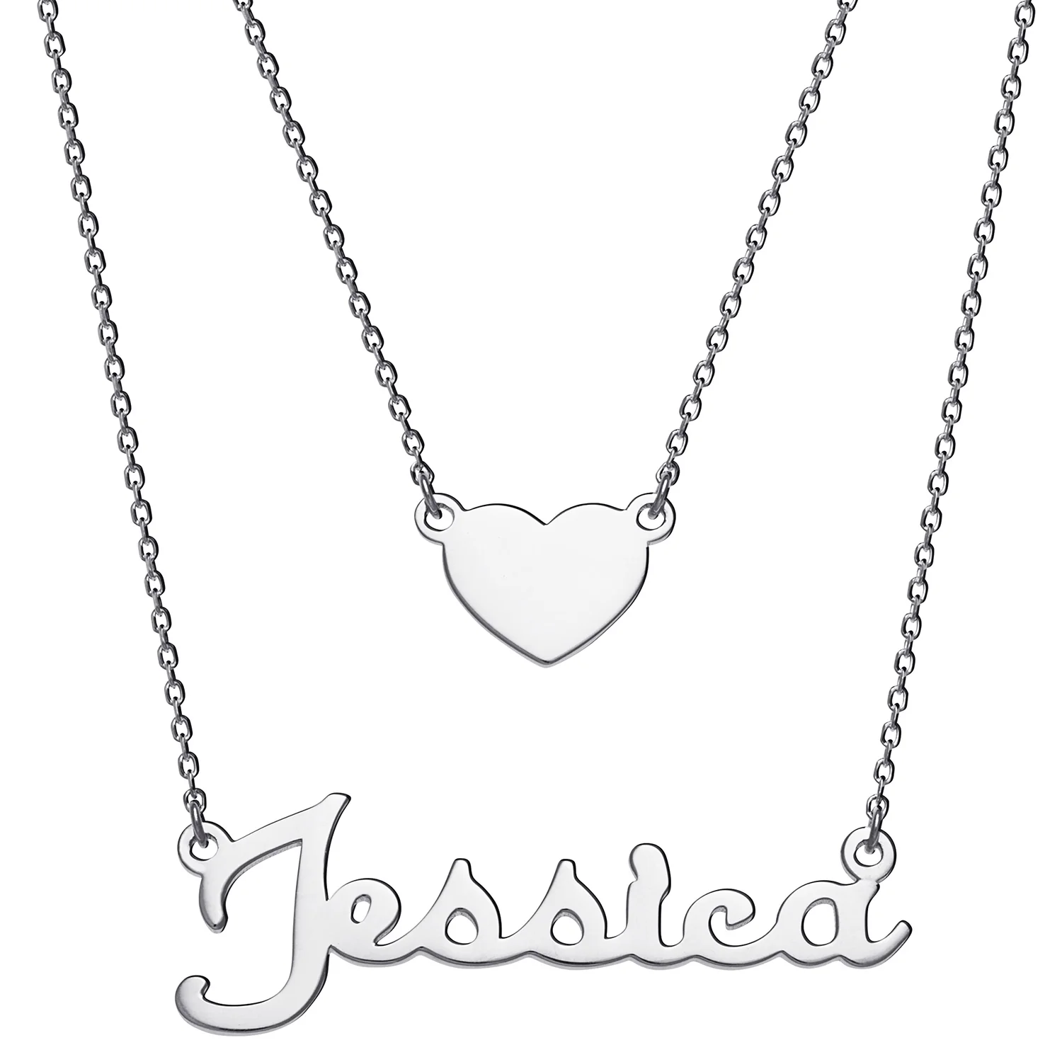 Sterling Silver Script Name and Heart Layered Double Necklace