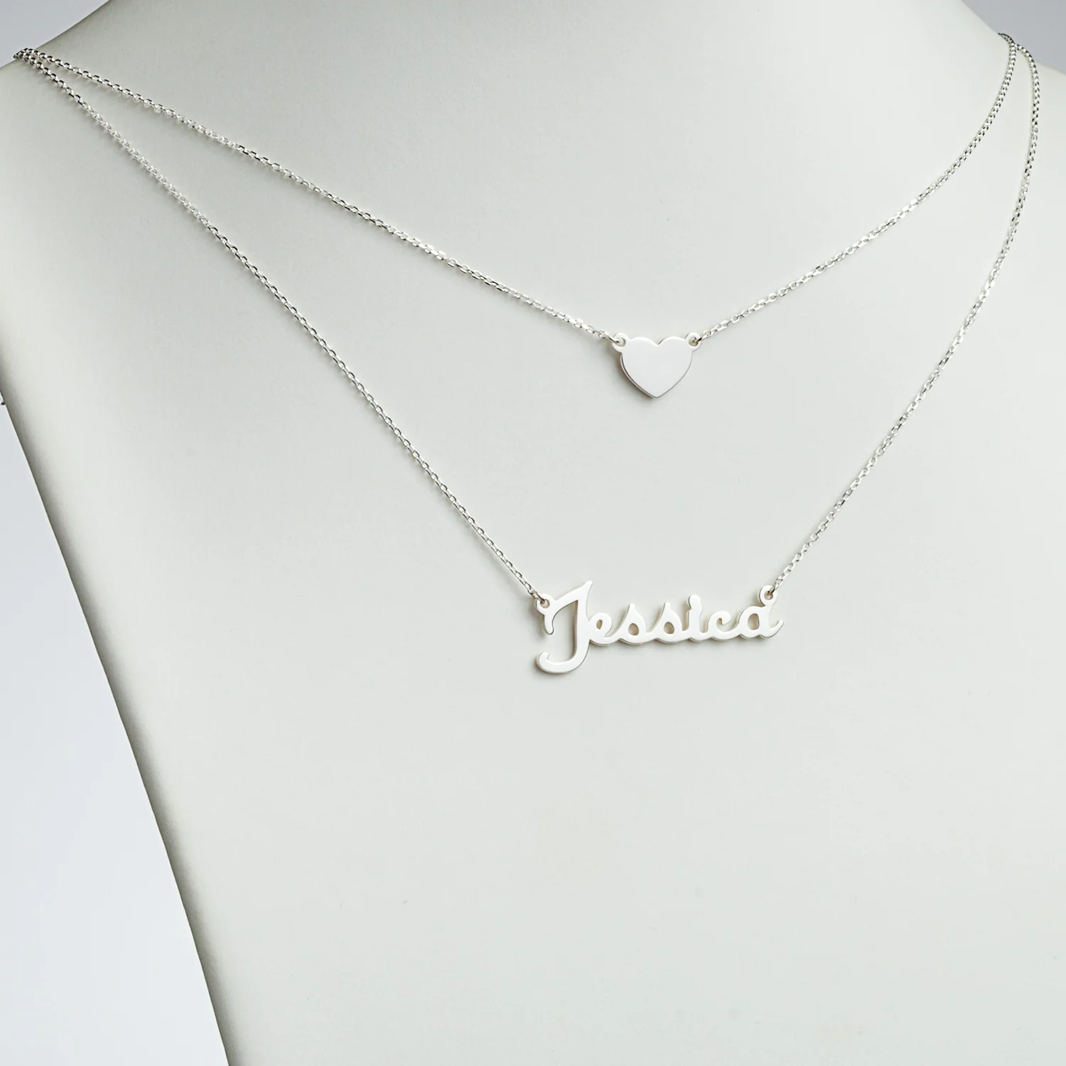 Sterling Silver Script Name and Heart Layered Double Necklace - Image 2