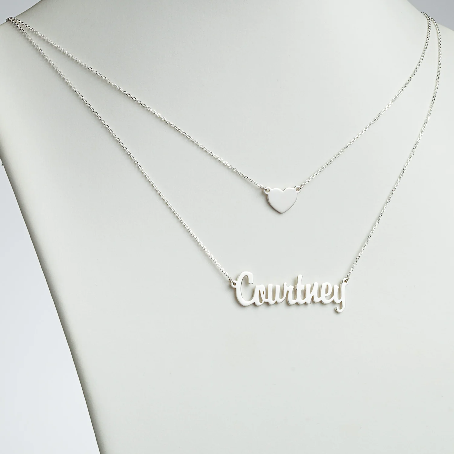 Sterling Silver Script Name and Heart Layered Double Necklace - Image 2