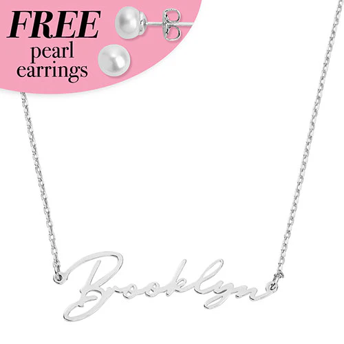 Sterling Silver Script Name Plaque with Free Fresh Water Pearl Earrings