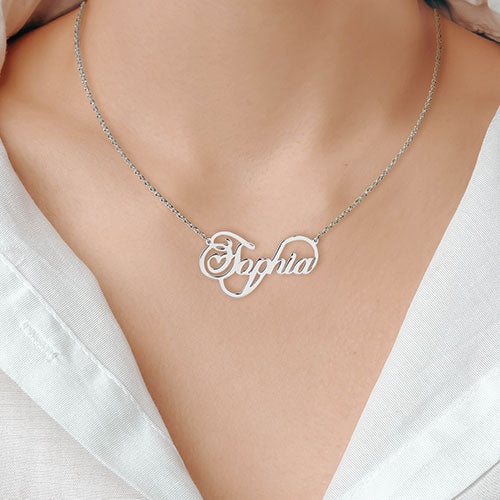 Sterling Silver Script Name with Heart Infinity Plaque Necklace - Image 3