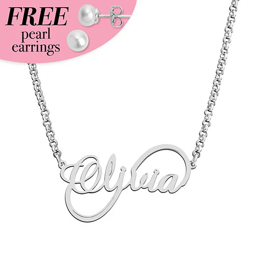 Sterling Silver Scrpt Infinity Name with Free Freshwater Pearl Earrings