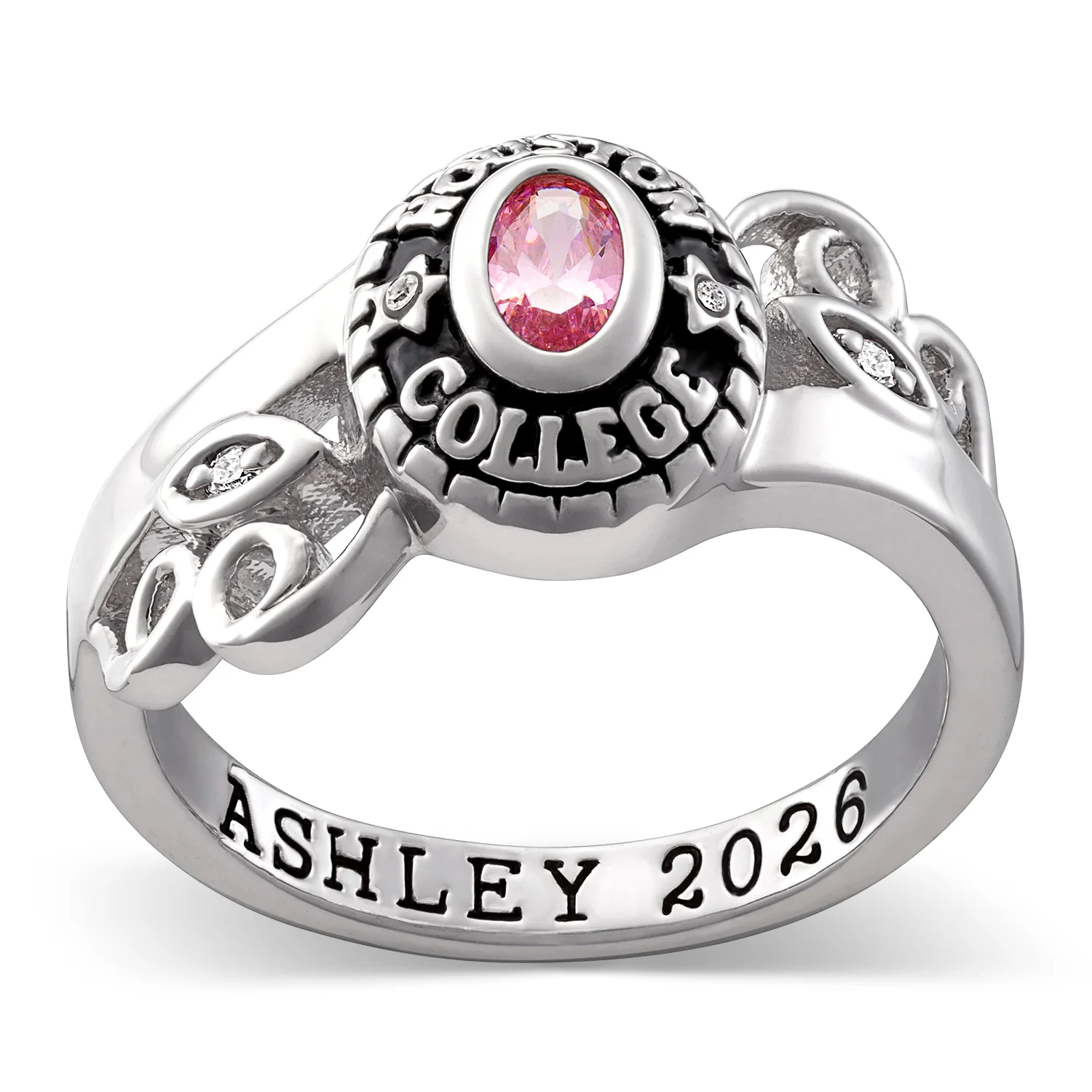 Sterling Silver Traditional Oval Stone and Diamond Swirl Ladies Class Ring