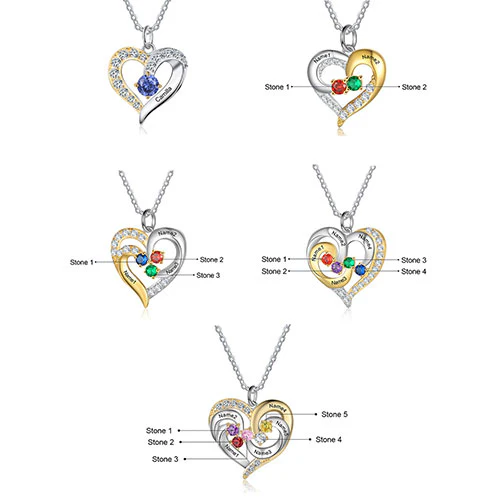 Sterling Silver Two-tone Engraved Birthstone Heart with CZ Necklace - Image 3