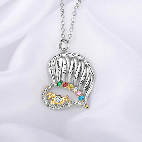 Sterling Silver Two-tone Engraved Name and Birthstone Mom Heart with CZ Necklace - Image 2