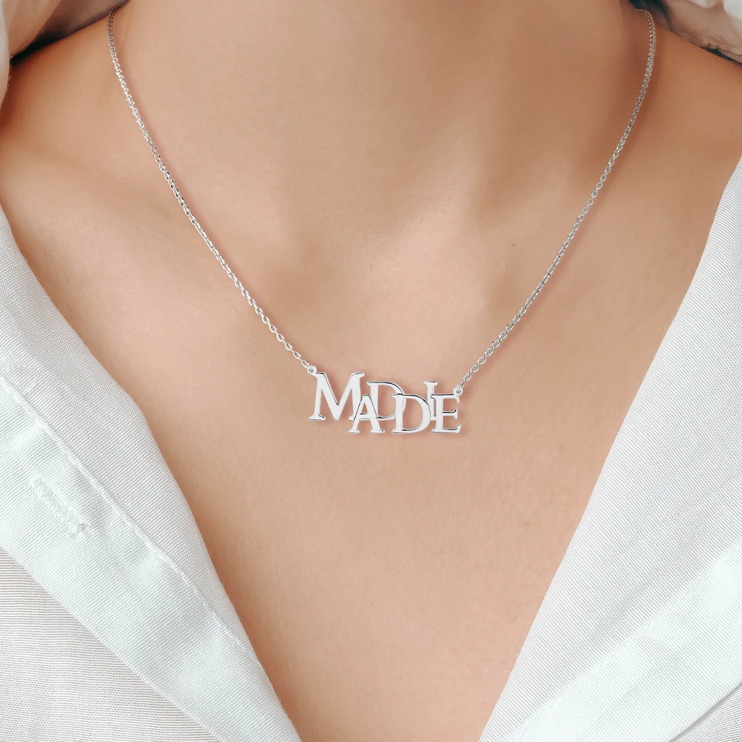 Sterling Silver Uppercase Staggered Name Plaque Necklace - Image 3