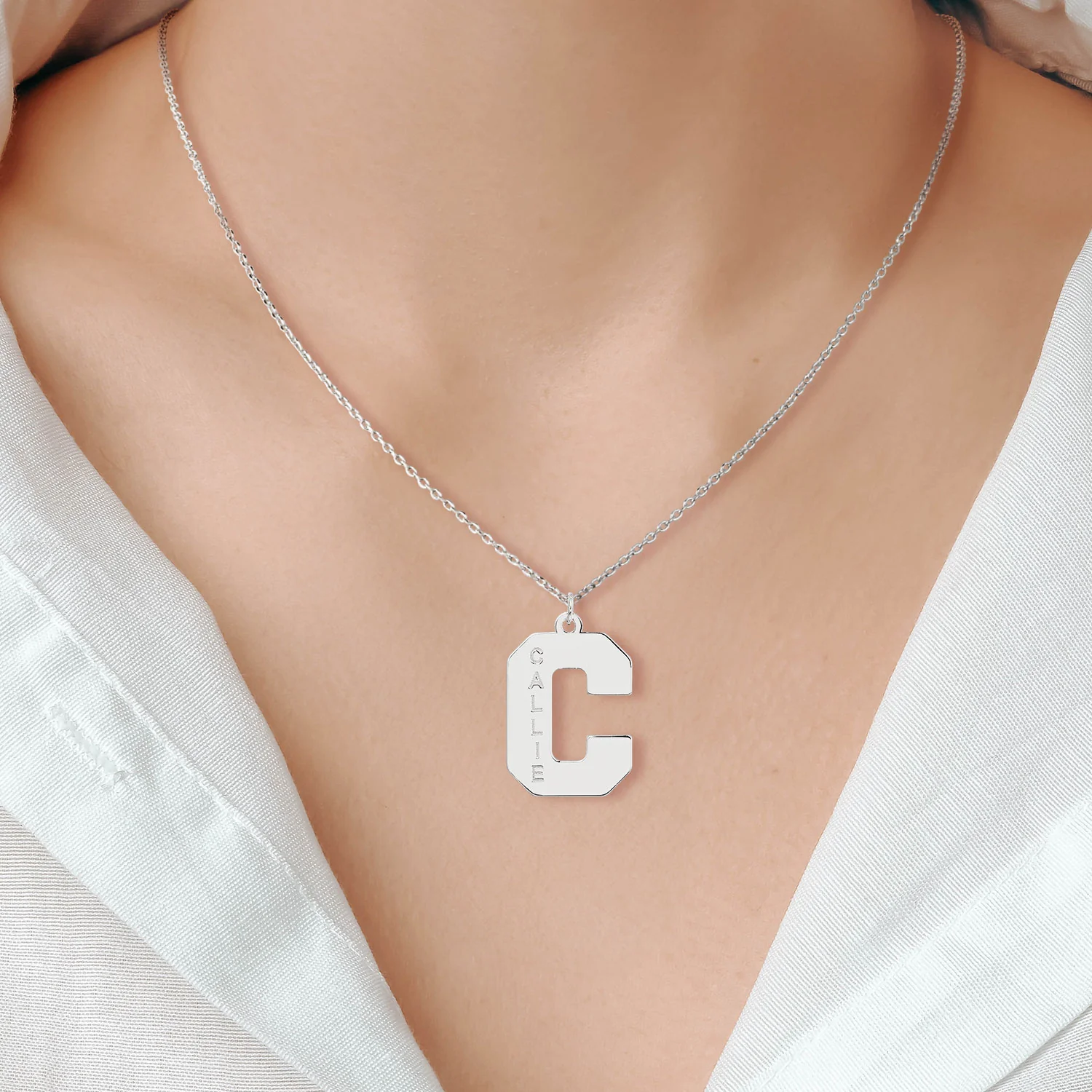 Sterling Silver Varsity Initial with Engraved Name Necklace - Image 3