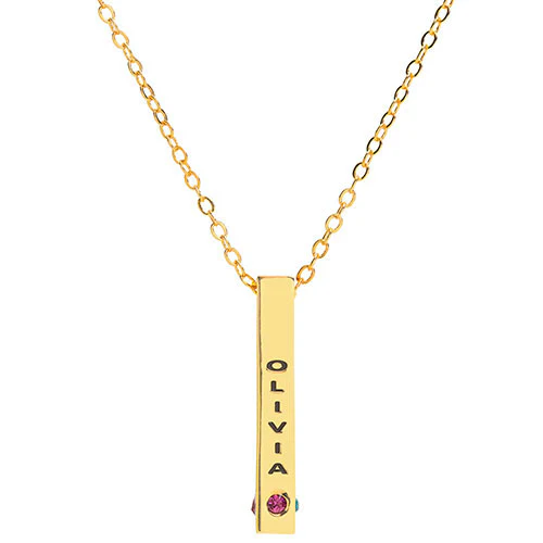 Sterling Silver Vertical 4-Sided Engraved Family Name and Birthstone Necklace - Image 2