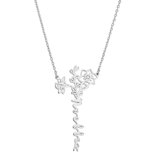 Sterling Silver Vertical Script Name with Birthmonth Flower Bouquet Necklace - Image 2