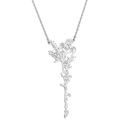 Sterling Silver Vertical Script Name with Birthmonth Flower Necklace - Image 2