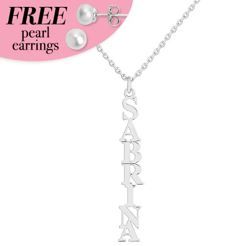 Sterling Silver Vertical Uppercase Name with Free Fresh Water Pearl Earrings
