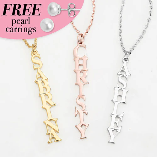 Sterling Silver Vertical Uppercase Name with Free Fresh Water Pearl Earrings - Image 6
