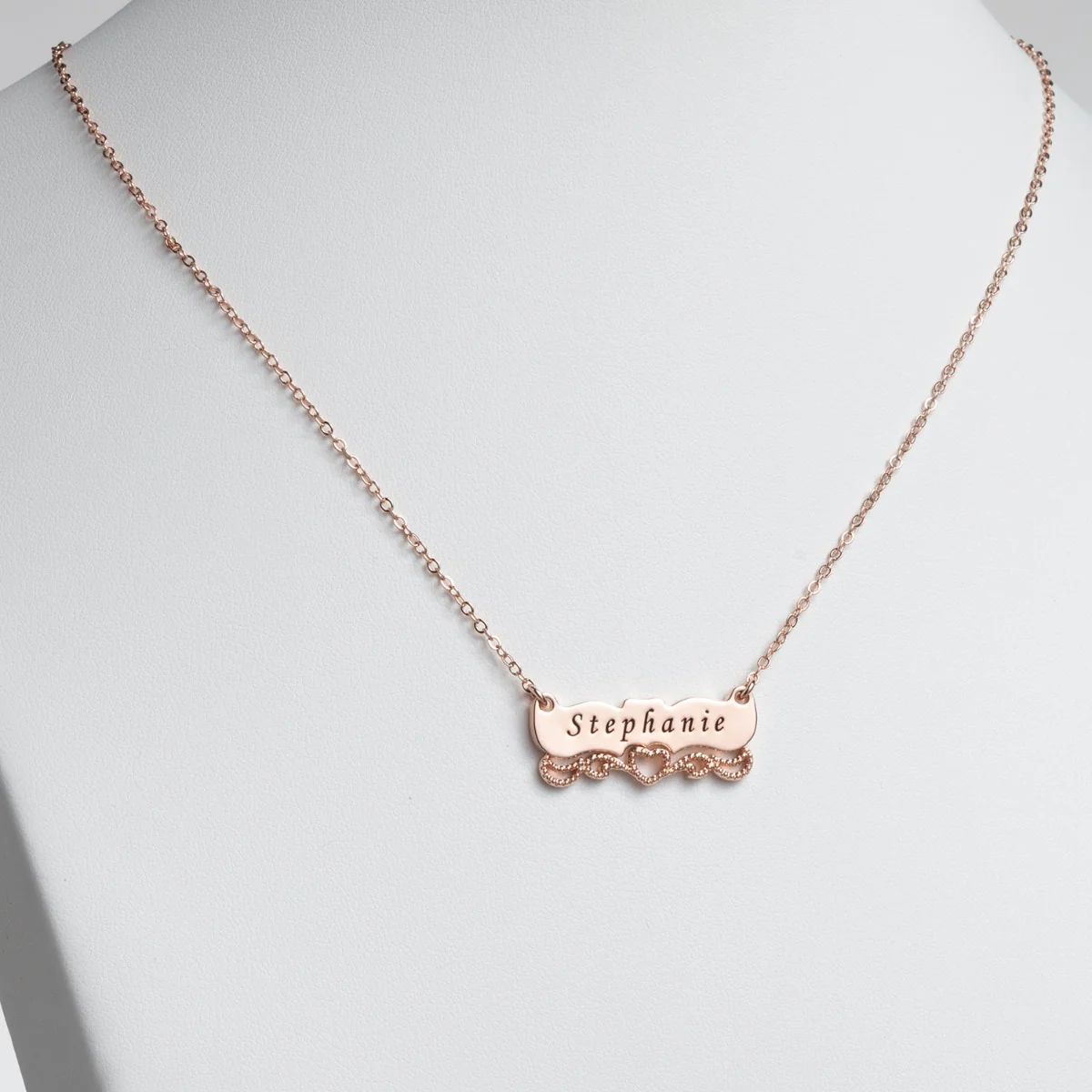 Two Tone Engraved Name with Heart Scroll Plaque Necklace - Image 2