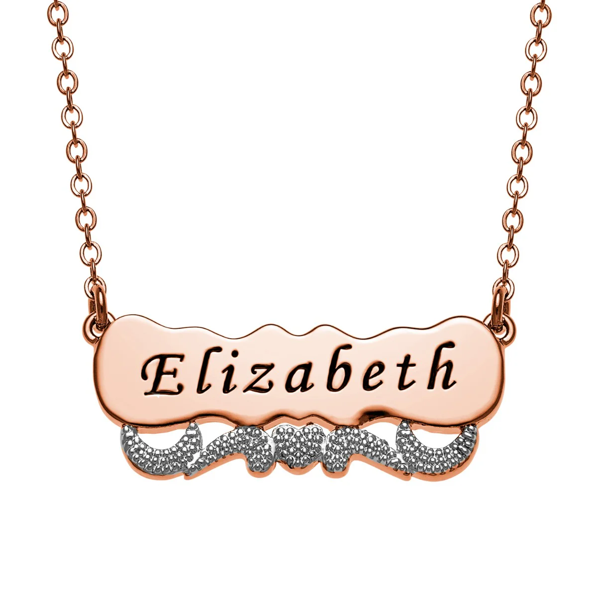 Two Tone Engraved Name with Heart Scroll Plaque Necklace