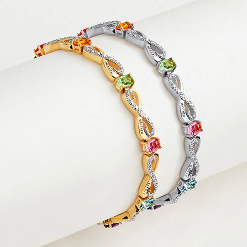 Two Tone Family Name and Birthstone Diamond Accent Infinity Bracelet - Image 2