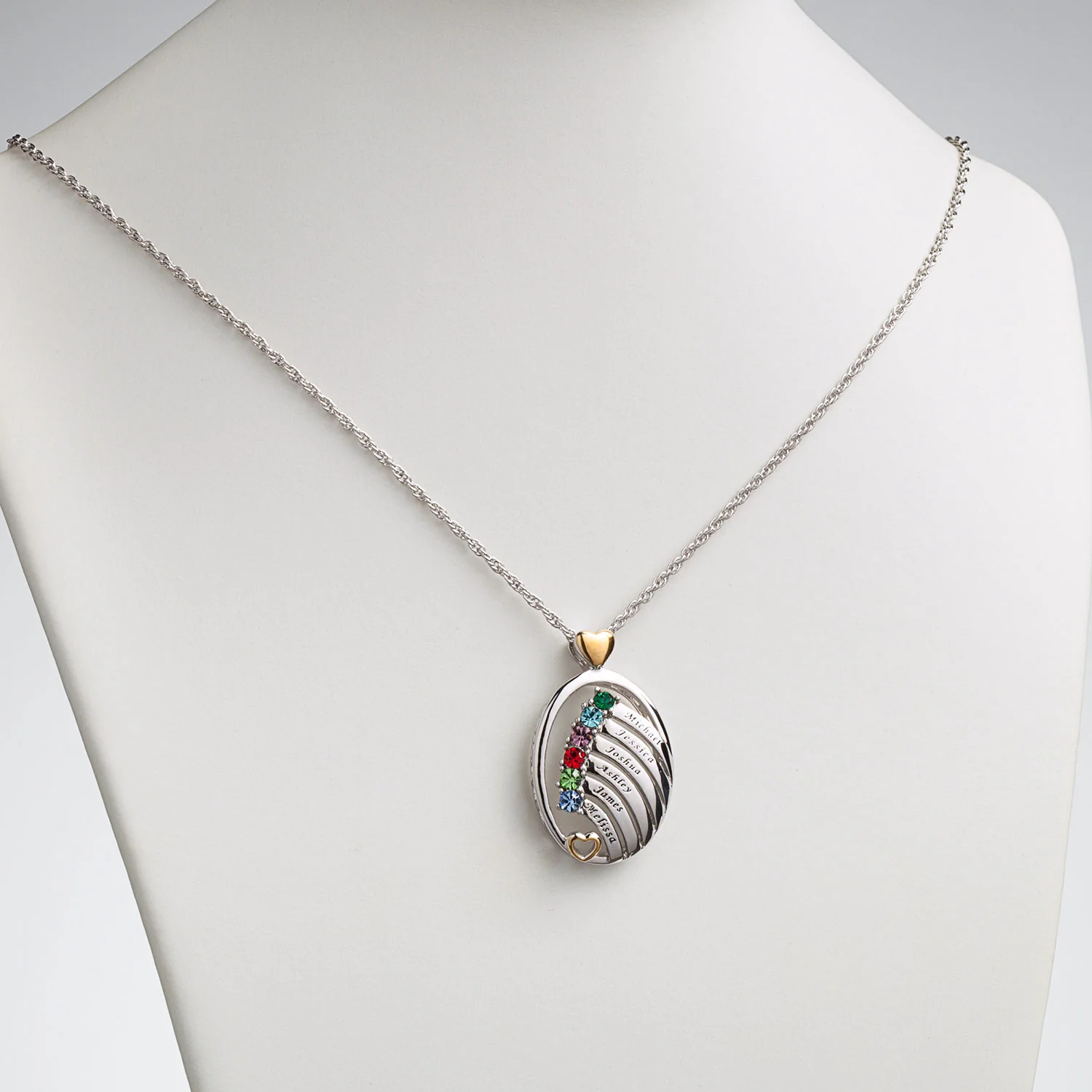 Two-Tone Oval Name and Birthstone Hearts Pendant - Image 2