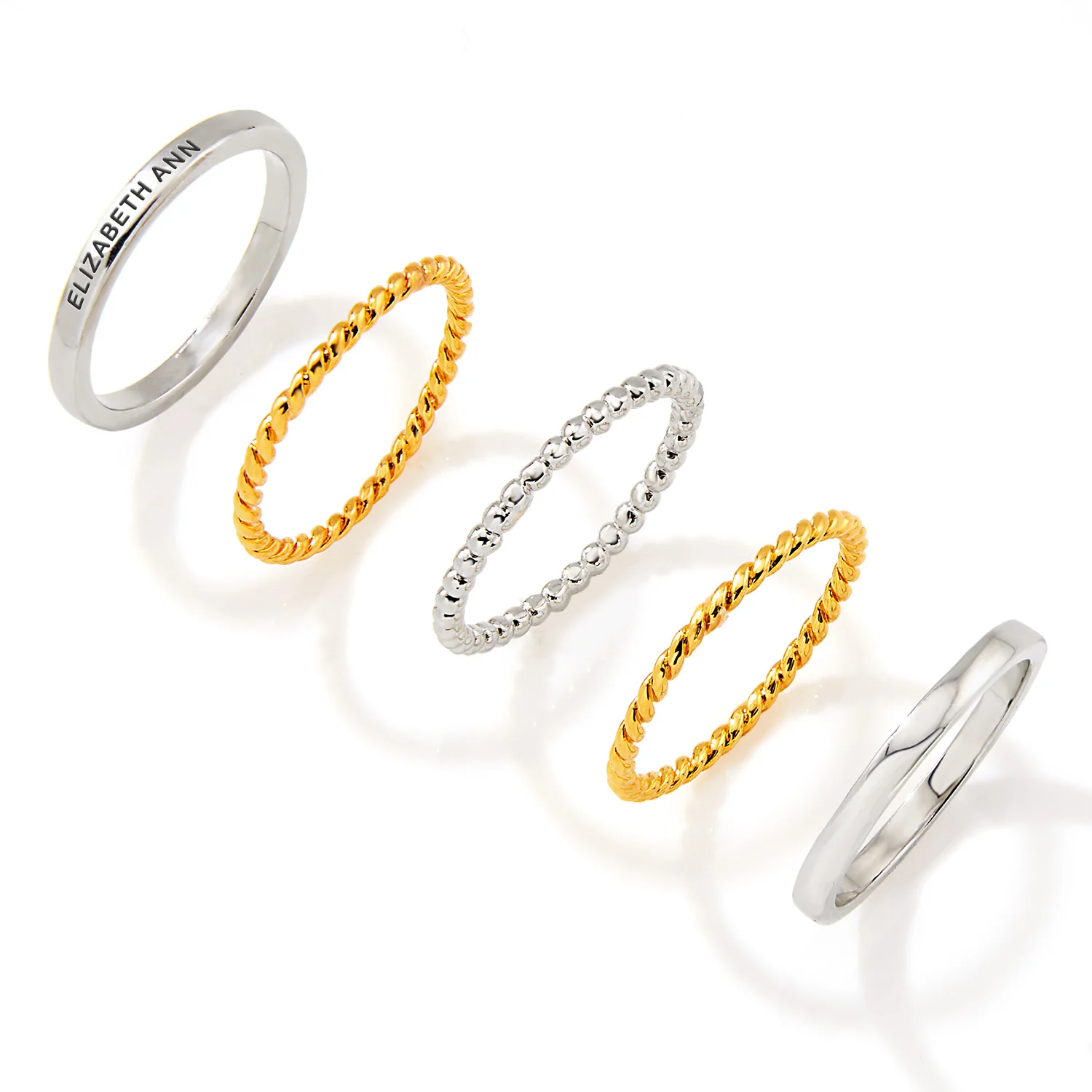 Two-Tone Silver and Gold Plated Personalized Roped Stackable 5 Ring Set - Image 3
