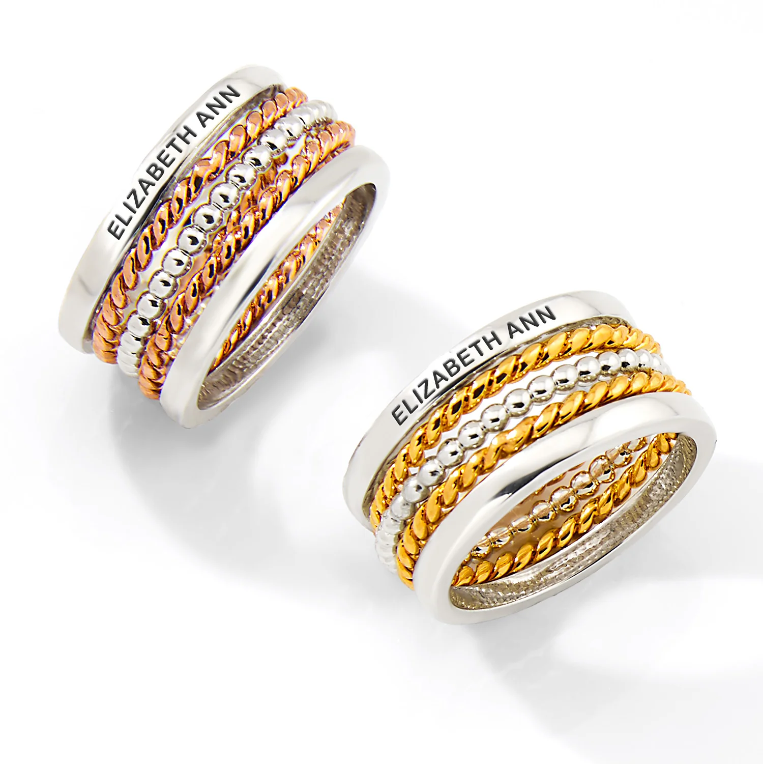 Two-Tone Silver and Gold Plated Personalized Roped Stackable 5 Ring Set - Image 4