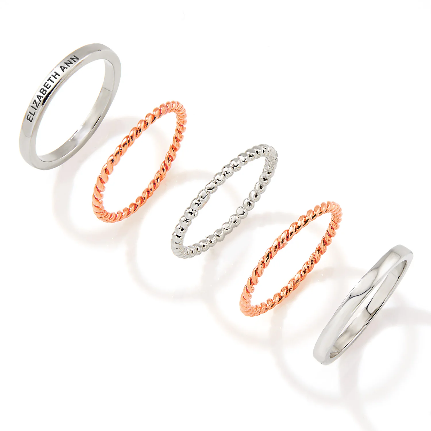 Two-Tone Silver and Rose Gold Plated Personalized Roped Stackable 5 Ring Set - Image 3