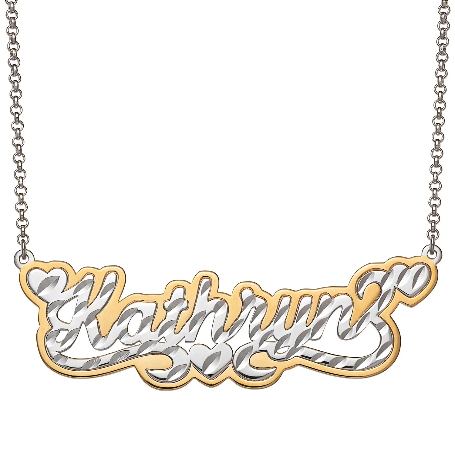 Two-tone Sterling Silver Name with Diamond Cut and Heart Swirl Necklace