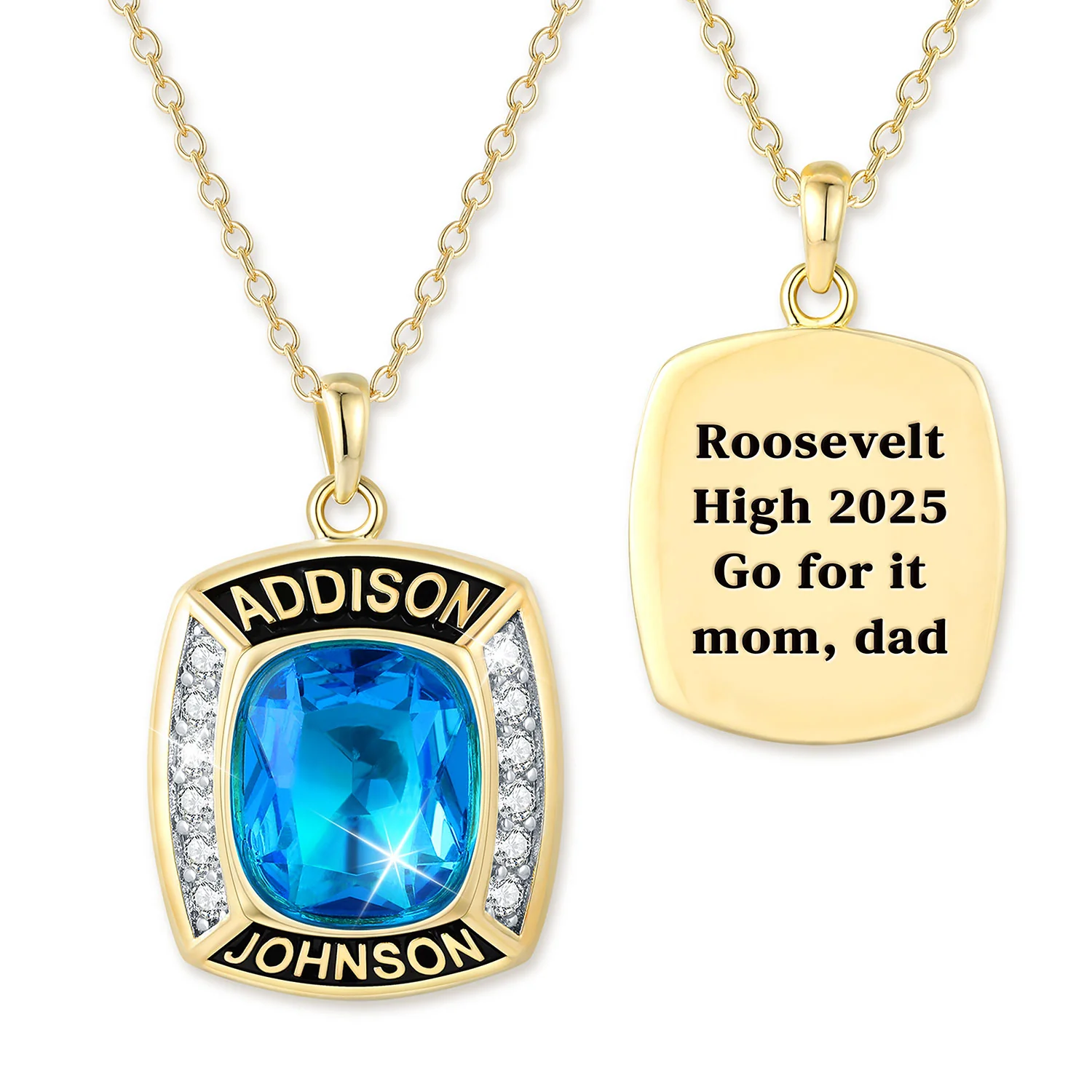 Unisex Gold over Sterling Cushion Birthstone and CZ Personalized Graduation/Class Necklace