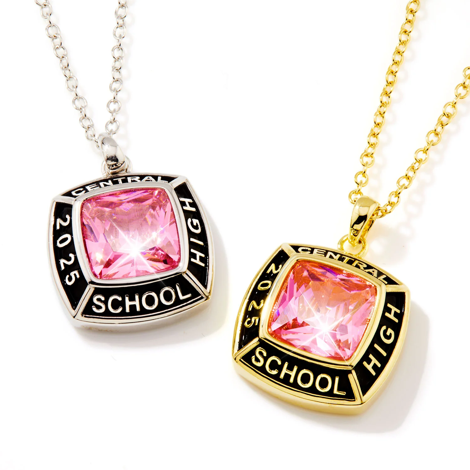 Unisex Gold over Sterling Square Birthstone Personalized Graduation/Class Necklace - Image 2