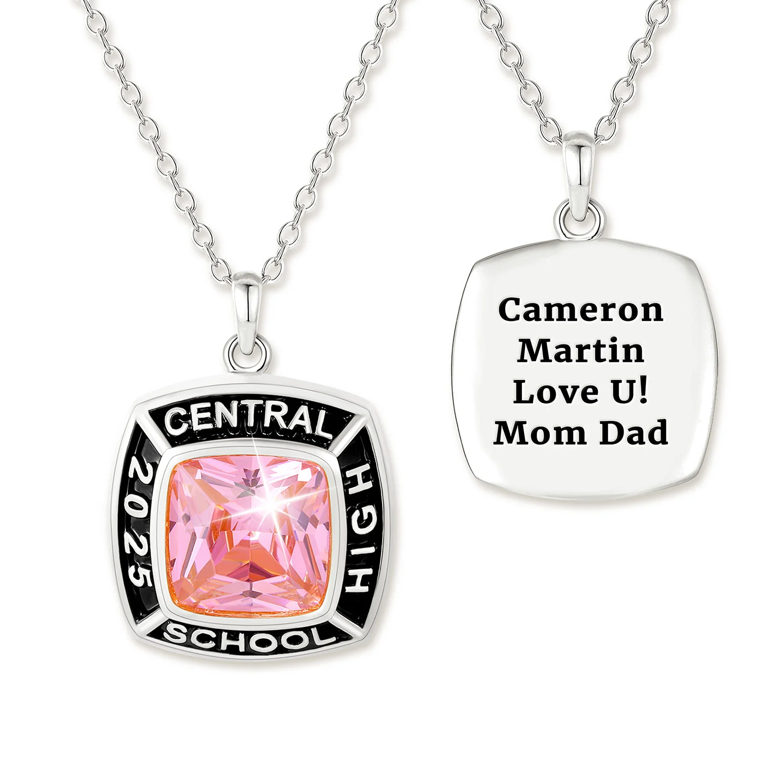 Unisex Sterling Silver Square Birthstone Personalized Graduation/Class Necklace