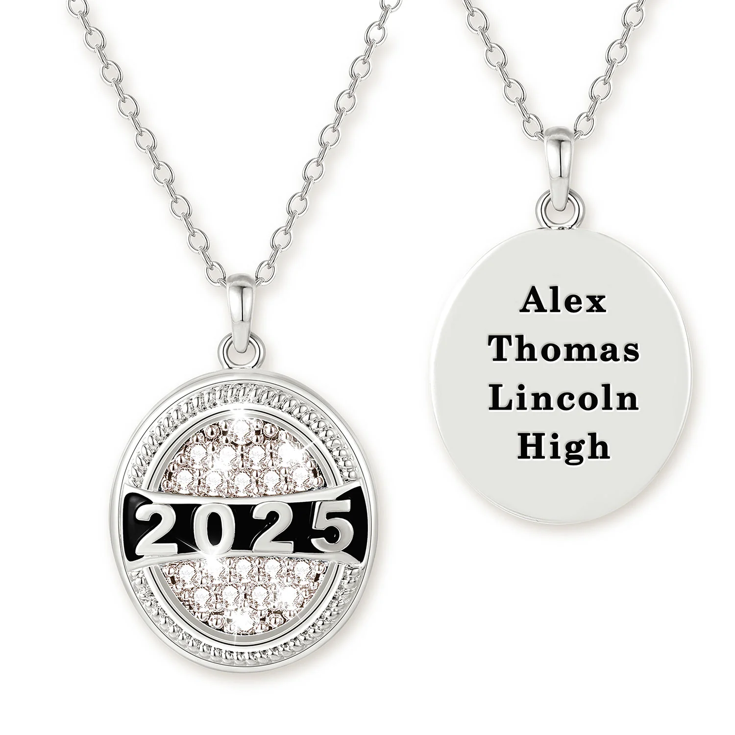 Unisex Sterling Silver Year and Pave CZ Oval Personalized Graduation/ class necklace